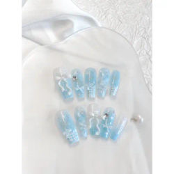Handmade Baby Blue 3D Ribbon Bow Press On Nails, Long Coffin Kawaii Plaid Glitter Fake Nails,