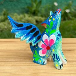 'Blue Teal Hand-Painted Wood Alebrije Figurine of Winged Wolf'