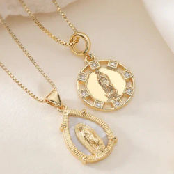 Gold Plated Brass Virgin Mary Pendant Necklace Shell Cubic Zirconia Our Lady Medallion Charm Religious Faith Women Daily Jewelry