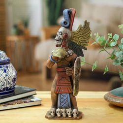 'Rustic Aztec Warrior-Themed Handcrafted Ceramic Sculpture'