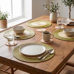'Handwoven Green and Beige 8-Piece Placemat and Coaster Set'