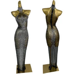 Robe longue transparente sexy avec strass, pour femmes, soirée en club, bar, tapis rouge, spectacle sur scène, sans manches, robe de soirée Jianbian
