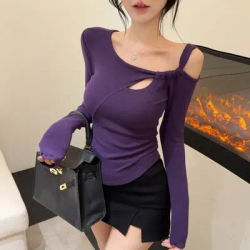 Automne femmes vêtements irréguliers couleur unie à manches longues T-shirts femme simplicité évider pull haut t-shirt mode mince hauts