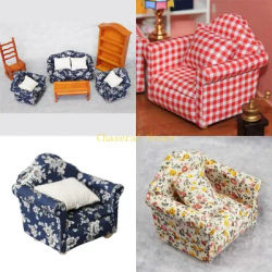 E7CE 1/12 Mini Sofa Armchair Wooden Couch Toy Floral Sofa Throw Pillow for Doll House Furniture Role for Play Accessory Kids