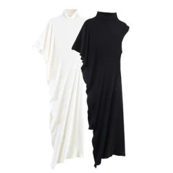 Haut décontracté asymétrique plissé à manches courtes et col haut pour femme, style européen et américain, printemps