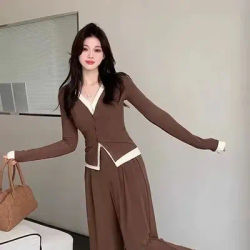 Ensemble deux pièces pour femmes, pantalon amincissant, taille haute, jambes larges, nouvelle mode, Design de Style coréen, costume, haut Cardigan