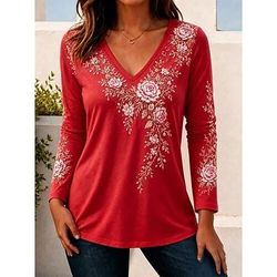 Per donna Maglietta Stampato Floreale Grafico Piante Vintage Elegante Classico Manica Lunga Scollo a V Top Regolari Casuale Quotidiano Blu Bianco Verde chiaro Rosso Verde Primavera Autunno