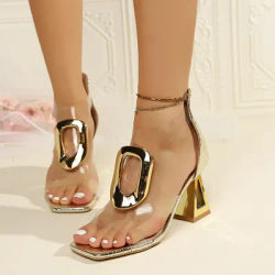 Sandales Gladiator à talons hauts pour femme, chaussures transparentes ajourées tendance pour l'extérieur, mules dorées à talons hauts pour femme