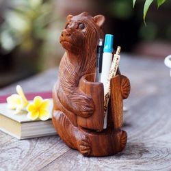 'Hand-Carved Bear-Themed Suar Wood Pen Holder Made in Bali'