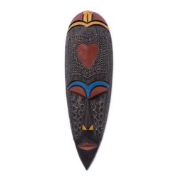 Odo Essence,'African Wood and Aluminum Wall Mask with Heart Motif'