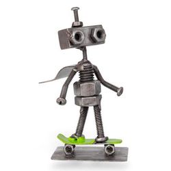 'Eco-Friendly Upcycled Metal Figurine of Robot and Skateboard'