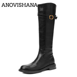 Bottes hautes élégantes en cuir de vache ANOVISHANA pour femmes, talons épais de 4 cm, à enfiler, avec boucle, taille étendue 40, bottines à tube haut, automne
