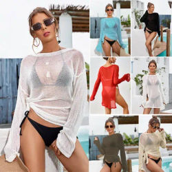 Haut à manches longues en maille légère pour femmes, pour l'été 2026, couverture de maillot de bain transparente, style de plage ample et sexy et décontracté