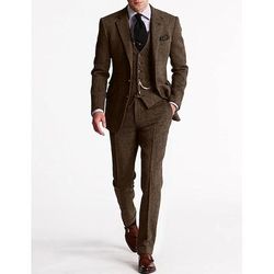 Completo da uomo vintage in tweed a spina di pesce, composto da tre pezzi: blazer, gilet e pantaloni, abito formale da cerimonia, da lavoro, autunno/inverno, stile classico.