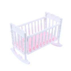 Light Pink Doll Crib Cradle, White Baby Shaker Bed, Doll House Toy Accessories