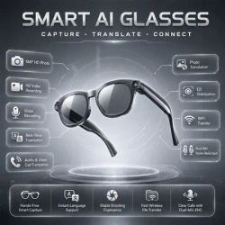 Nouvelles Lunettes Intelligentes IA 2026 avec Caméra HD 8MP, Enregistrement Vidéo, Traduction en Temps Réel, Appel Sans Fil, Musique, Lunettes de Soleil Bluetooth pour Hommes et Femmes