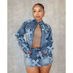 Ensemble de tenue streetwear en jean pour femme, sexy et élégant, deux pièces, ensemble assorti pour club, haut + mini-jupe