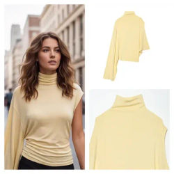 Haut asymétrique élégant et stylé à col roulé, haut jaune tendance pour femme, haut romantique pour femme, mode été 2026