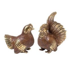 Golden Couple,'Bronze Chicken Statuettes with Antiqued Finish (Pair)'