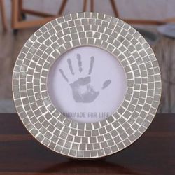Silver Reflections,'Handcrafted Round Silver Ivory 4x4 Glass Mosaic Photo Frame'