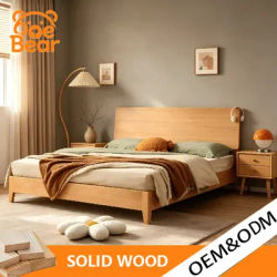 Beech Solid Wood Bed, Japanese Low Log Bed Frame, Single Double Queen King Platform Bed for Small Apartment Bedroom Furniture