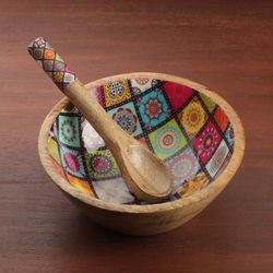 'Mosaic-Patterned Wood Salad Bowl Serving Spoon 2 Piece Set'