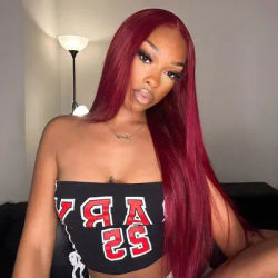 99J Burgundy Colored Straight Brazilian Remy Human Hair Wig 13x4 13x6 HD Transparent Lace Frontal Wig Pre Plucked Baby Hair 200% Density Soft Bouncy Long Wigs For Women