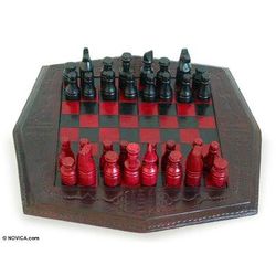African Battle,'Wood and leather chess set'