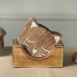 'Cat-Themed Whimsical 6-Piece Wood Coaster Set with Stand'