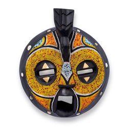 'Eco-Friendly Recycled Glass Beaded Wooden African Wall Mask'