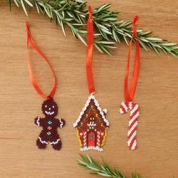 'Handmade 3-Piece Glass Beaded Christmas Sweet Ornament Set'