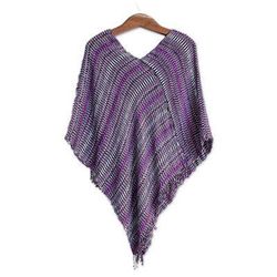 Amethyst Intrigue,'Guatemalan Handwoven Cotton Poncho in Pink and Purple'