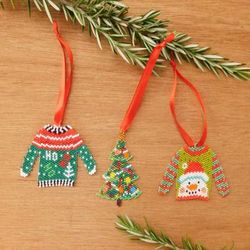 'Whimsical Three-Piece Glass Beaded Christmas Ornament Set'