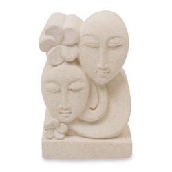 Bali Couple,'Hand Crafted Indonesian Sandstone Sculpture of Floral Faces'