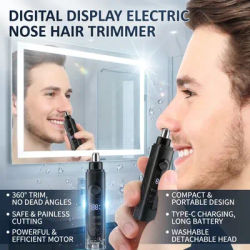 Tondeuse à Nez et Oreilles Électrique pour Hommes et Femmes, Lame Rotative 360°, Rasoir Rechargeable Sans Douleur avec Écran LED, Type-C, Noir