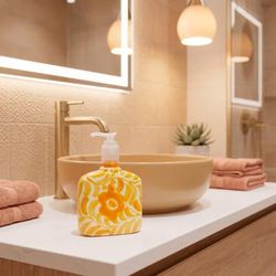 Marigold Fern Fantasy,'Floral Vine Ceramic Liquid Soap Dispenser in Talavera Style'
