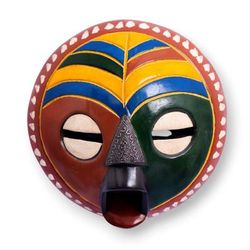 'Hand-Carved Painted Round African Wood Aluminum Wall Mask'