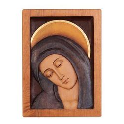 Inclined Virgin,'Artisan Crafted Religious Wood Virgin Mary Relief Panel '
