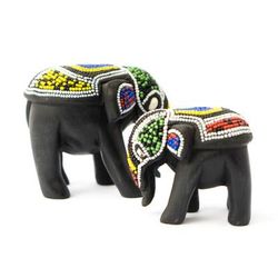 'Pair of Hand-Beaded Elephant Mother and Calf Wood Figurines'