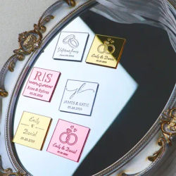 Custom Engraved Gold Mirror Acrylic Tags Personalized Square Name Tag Wedding Baby Shower Chocolate Gift Decor