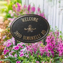 Designer Oval Lawn Address Plaque - Bronze/Gold Plaque with Sun, Standard, 2 Lines - Frontgate