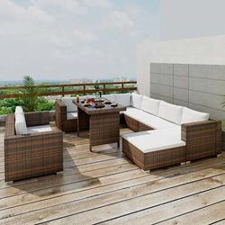 vidaXL Set Divani da Giardino 10 pz con Cuscini in Polyrattan Marrone