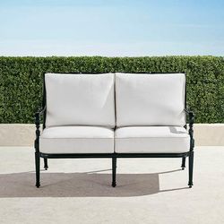 Carlisle Loveseat with Cushions in Onyx Aluminum - Standard, Resort Stripe Dove - Frontgate