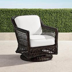 Hampton Swivel Lounge Chair in Black Walnut Wicker - Standard, Cara Stripe Cobalt - Frontgate