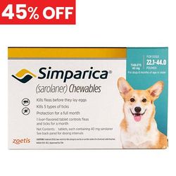 45% Off Simparica for Dogs 22.1-44 Lbs (Blue) 3 Doses