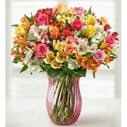 1-800-Flowers Flower Delivery Assorted Roses & Peruvian Lilies Double Bouquet W/ Pink Vase | Same Day Delivery Available