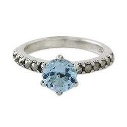 'Solitaire Ring with Three-Carat Blue Topaz and Marcasite'