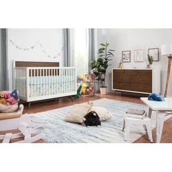 Babyletto Palma 4-in-1 Convertible Crib with Toddler Bed Conversion Kit - Warm White/Natural Walnut