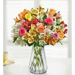 1-800-Flowers Flower Delivery Assorted Roses & Peruvian Lilies W/ Clear Vase | Perfect Gift For Any Occasion