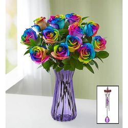 1-800-Flowers Flower Delivery Rainbow Roses 12-24 Stems, 12 Stems W/ Purple Vase & Windchime